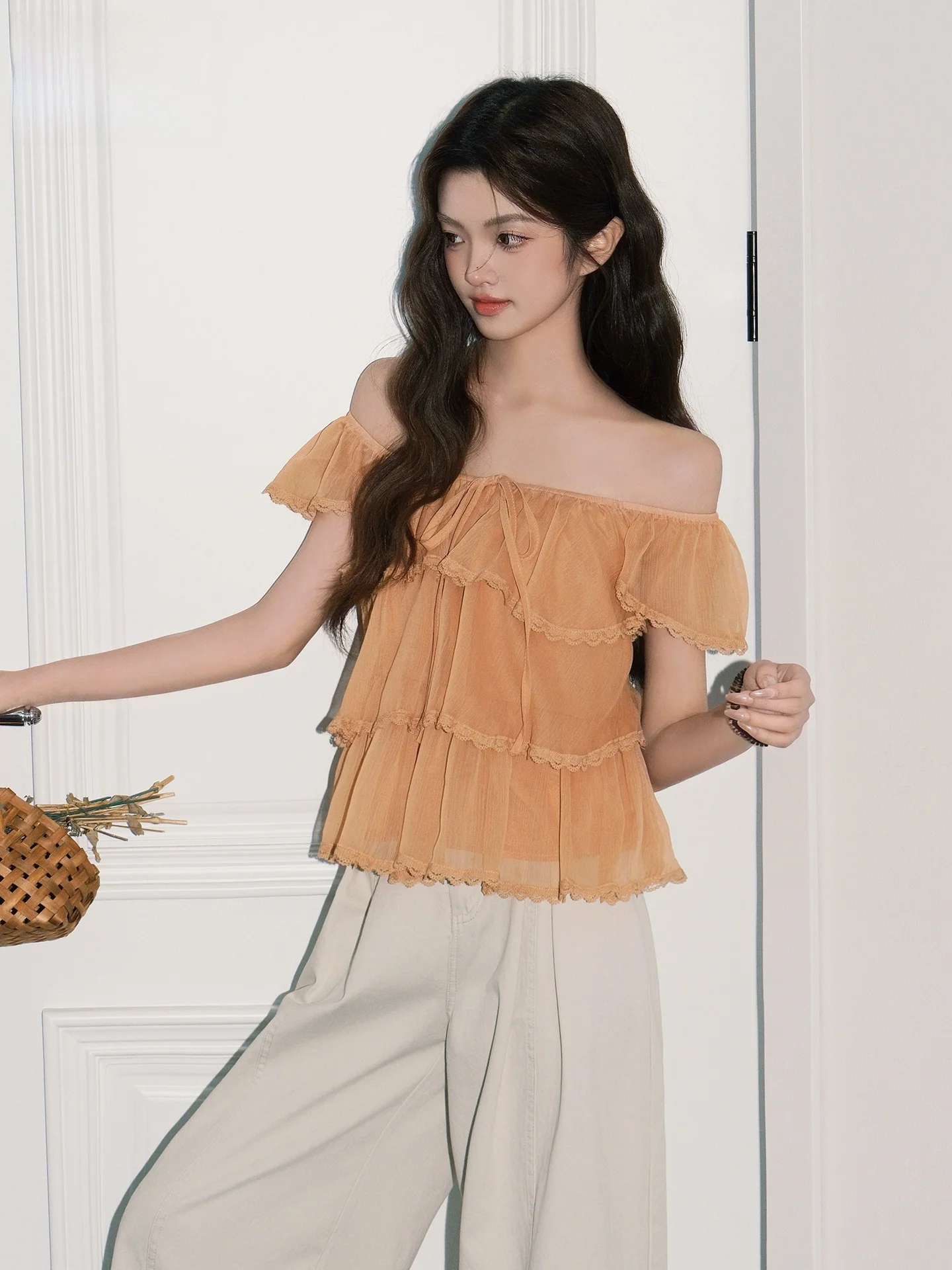 

Casual Style Lace Patchwork Shoulder Bared Shirt Women's Loose Fit Long Sleeve Orange Top Fashionable Spring Summer Shirt