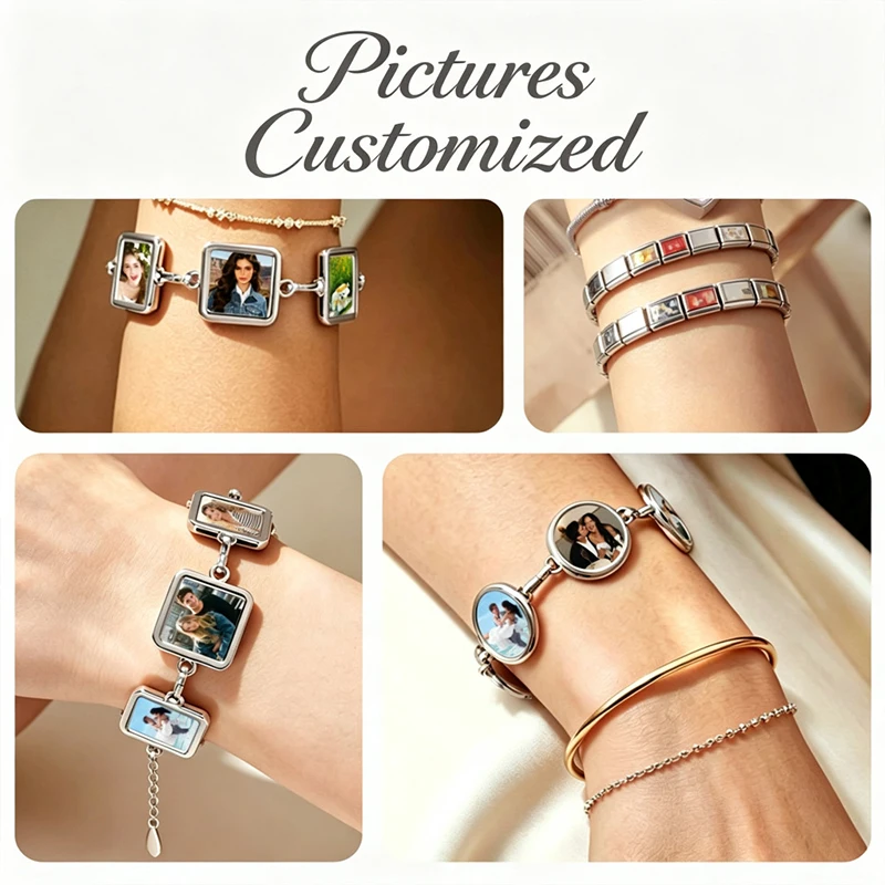 Fashion Photo Picture Customized Round Wings Square Heart Shape Italian Stainless Steel Personalized Lucky Bracelets DIY Bangles