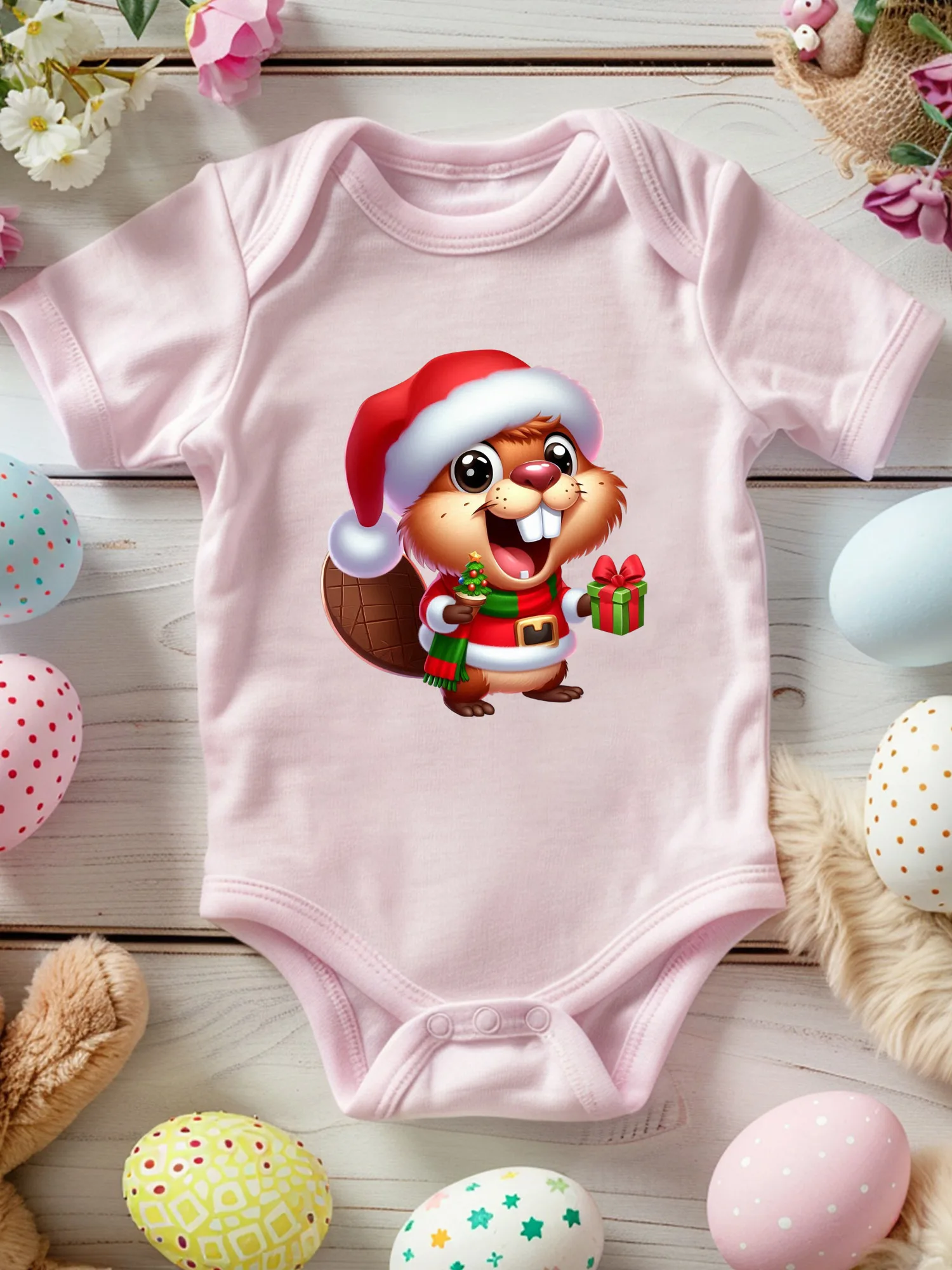 

Милый рождественский комбинезон-боди с бобром для малышей, унисекс, 100% хлопок, мягкий, всесезонный, розовый, 190 г/м²