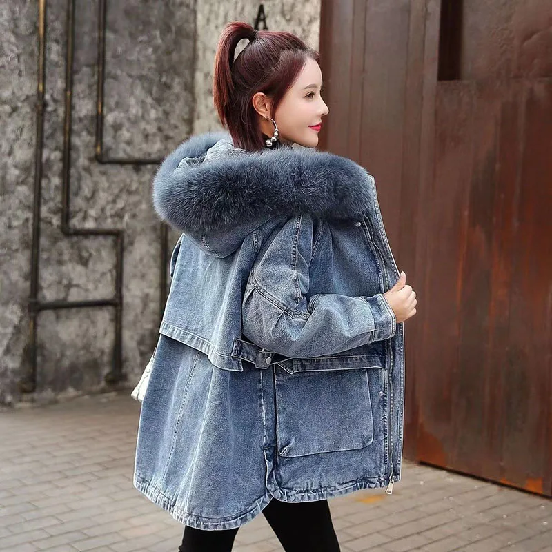 

New Denim Coat Winter Women Add Velvet Thicken Warm Denim Parkas Female Imitate Lamb Fur Lining Medium Length Loose Denim Jacket