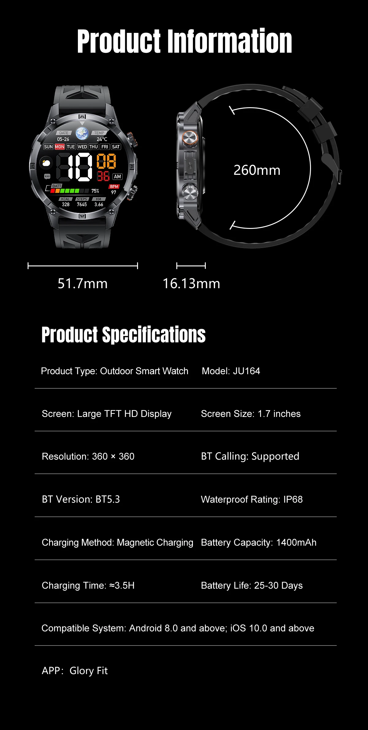 2026 neue 1400mAh Ultra-Langzeit-Standby-Smartwatch, speziell für Outdoor-Abenteuersportarten, drahtlose Kommunikation und Kompass entwickelt. – Detail 19