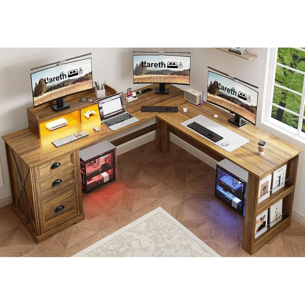 

Walnut L-Shaped Desk with Monitor Stand, LED Lights, Power Outlets, Storage for Home Office or Gaming