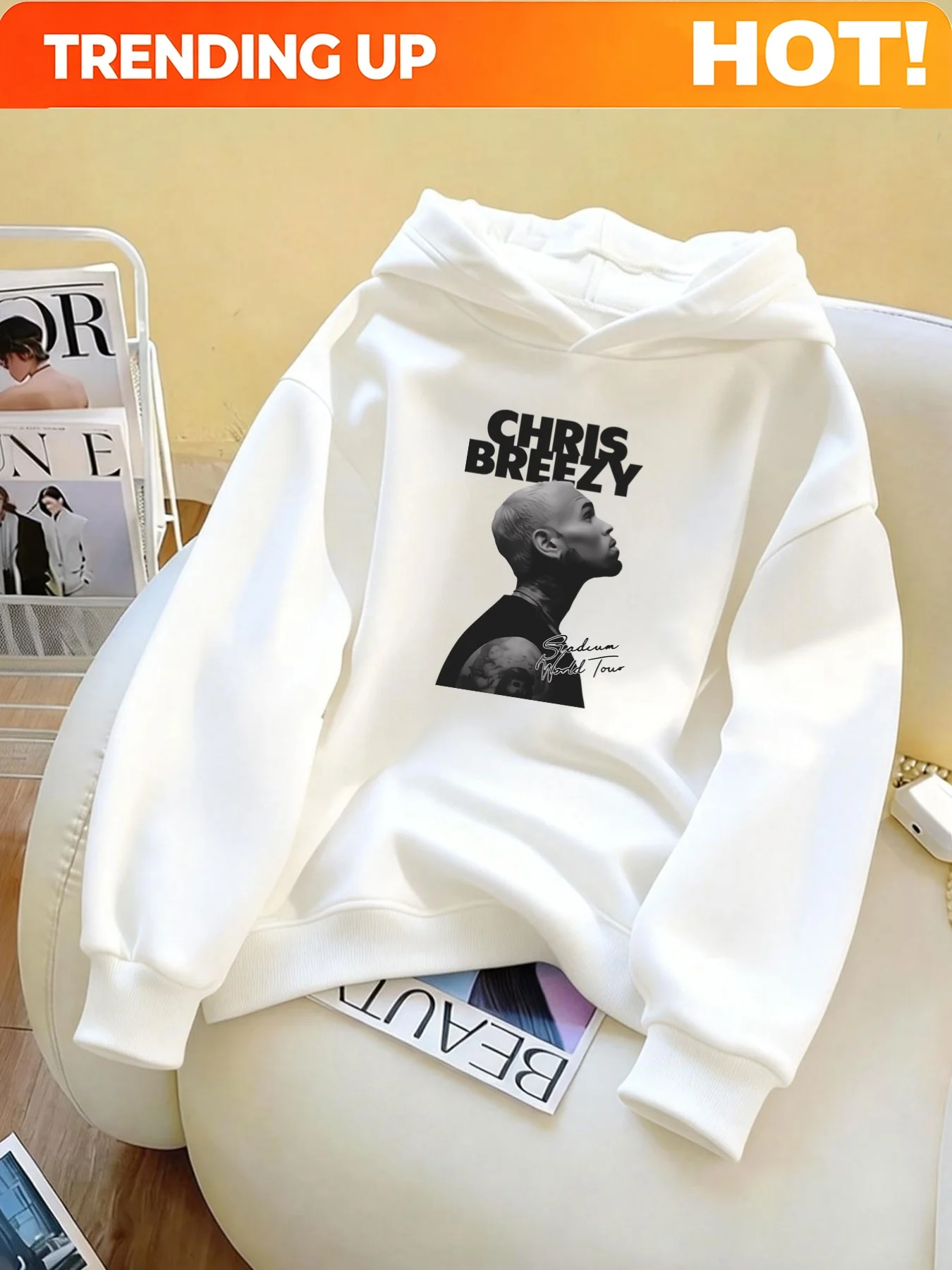 1pc Fashion Women's Autumn/Winter Warm Elegant Beautiful Y2K Style Printed Hooded Sweatshirt with Chris Bruzzi Portrait and Text