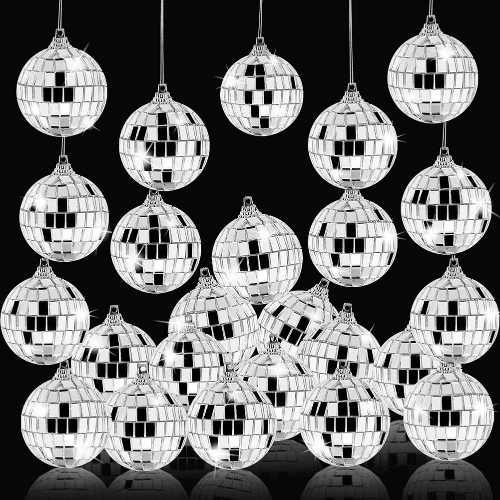 24 Stück silberne Disco-Spiegelkugeln, Weihnachtskugeln, Weihnachtsbaumschmuck, Kugeln, hängende Spiegel-Disco-Kugel, reflektierende Kugel
