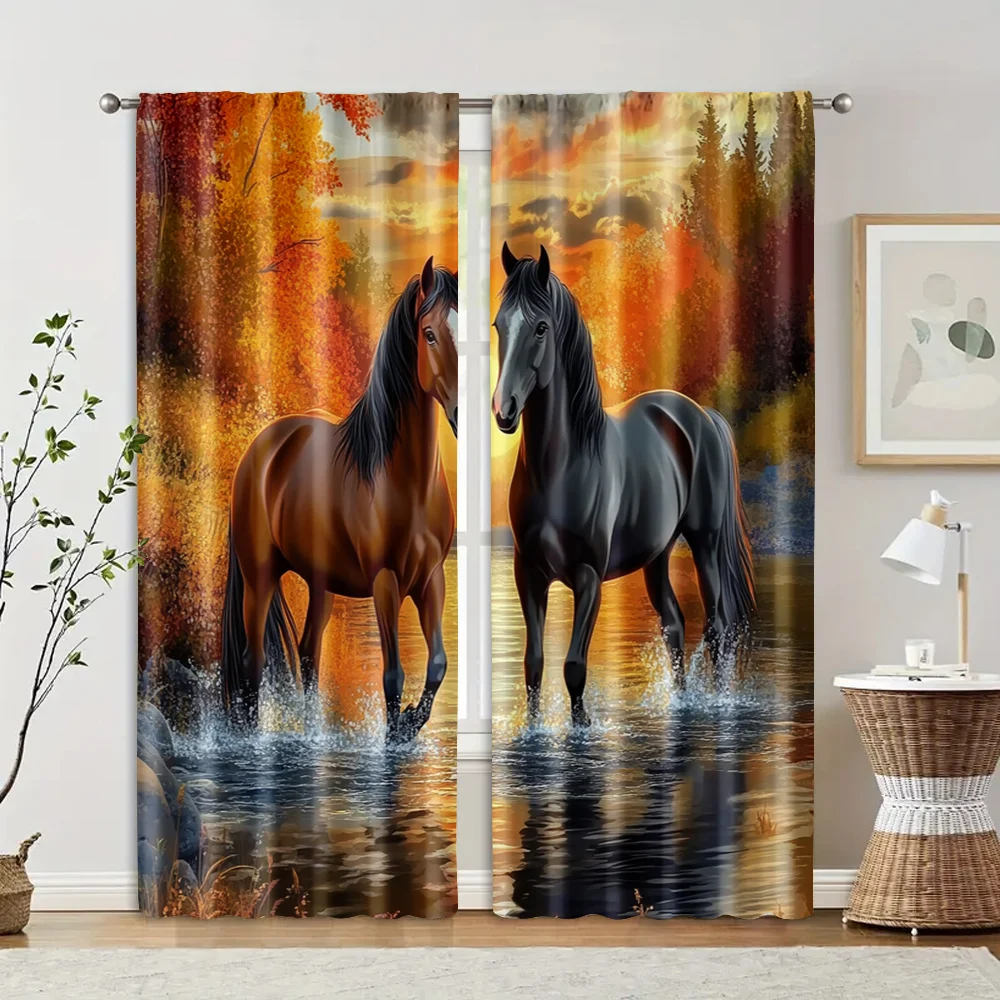 2pcs, Curtain Popular 2D print sunset horse in the stream Polyester Easy Install (without rod) Room Decor for Living Room, Home