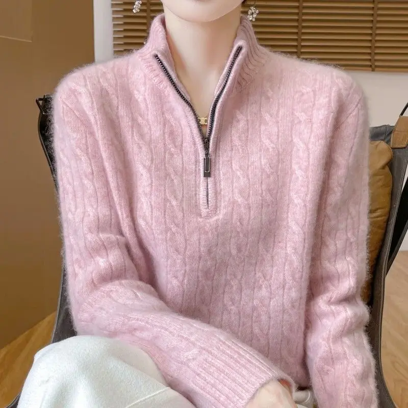 

Осень-зима полуоткрытый вязаный свитер на молнии с высоким воротником, новый шерстяной свитер с воротником-стойкой, женские свободные кашемировые толстые джемперы, топы