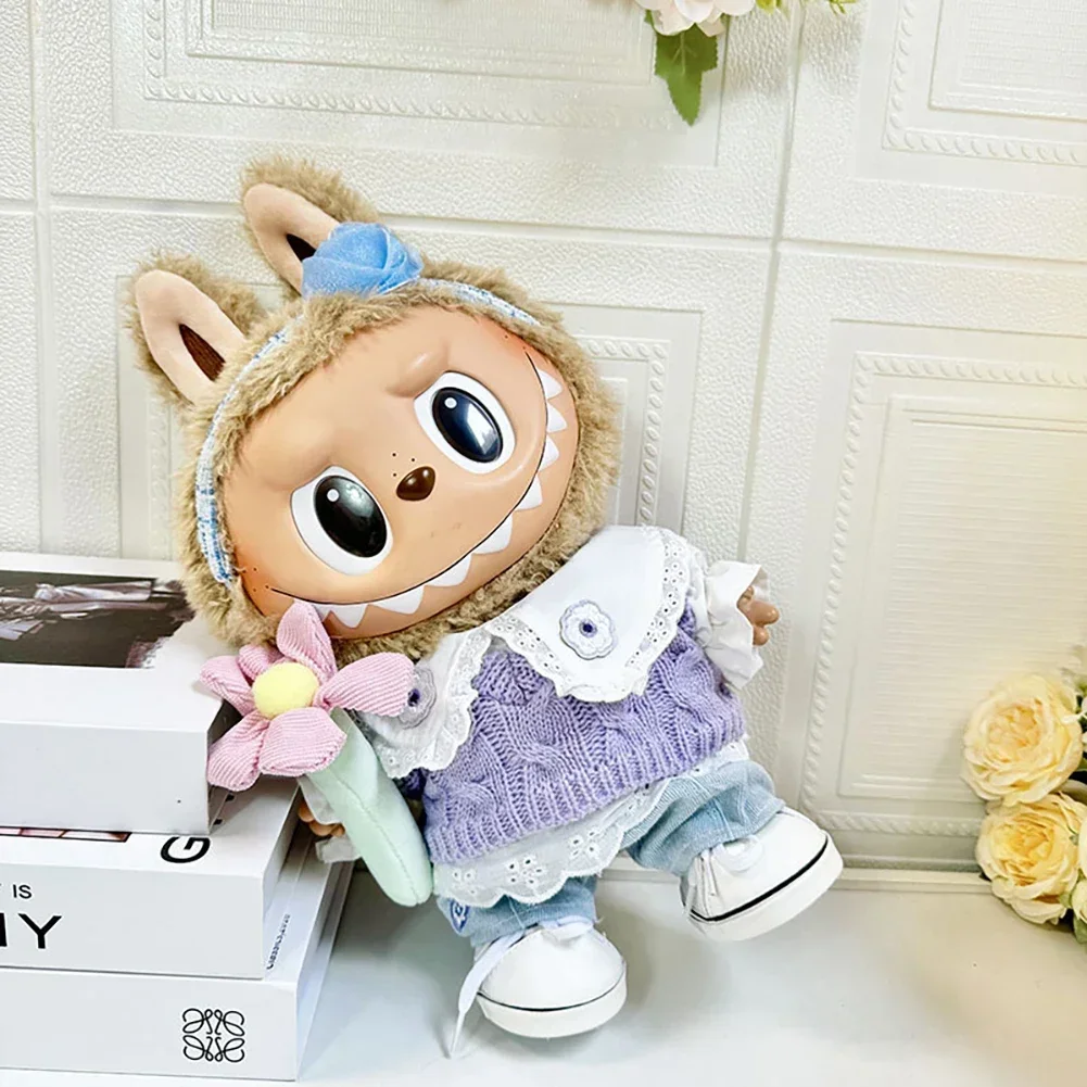 38cm Mini Plush Doll'S Clothes Outfit Accessories For Korea Kpop Exo Labubu Idol Dolls Spring Purple Sweater Flower set Clothing