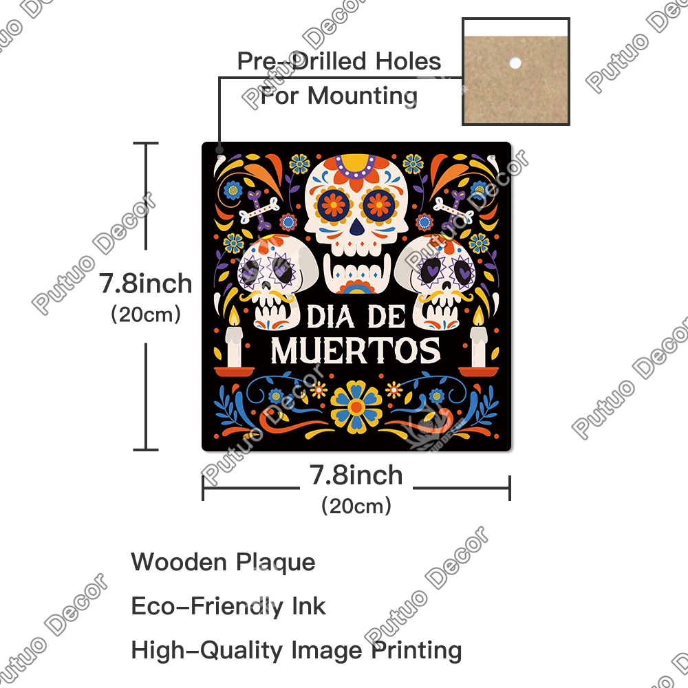 Putuo Decor  Mexican Style Flower Headband Skull Wooden Hanging Sign, Wall Decoration for Home, 7.8x 7.8 Inches Day of the Dead