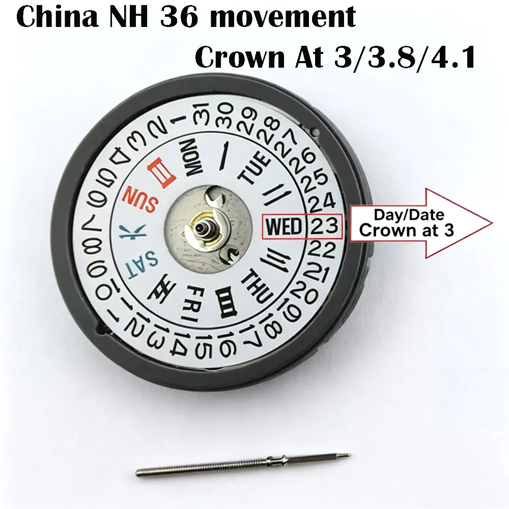 High Precision NH36 Mechanical Movement Chinese Made Double Calendar 3/3.8/4.1 Crown at Japanese 36 Movement Replacement Parts