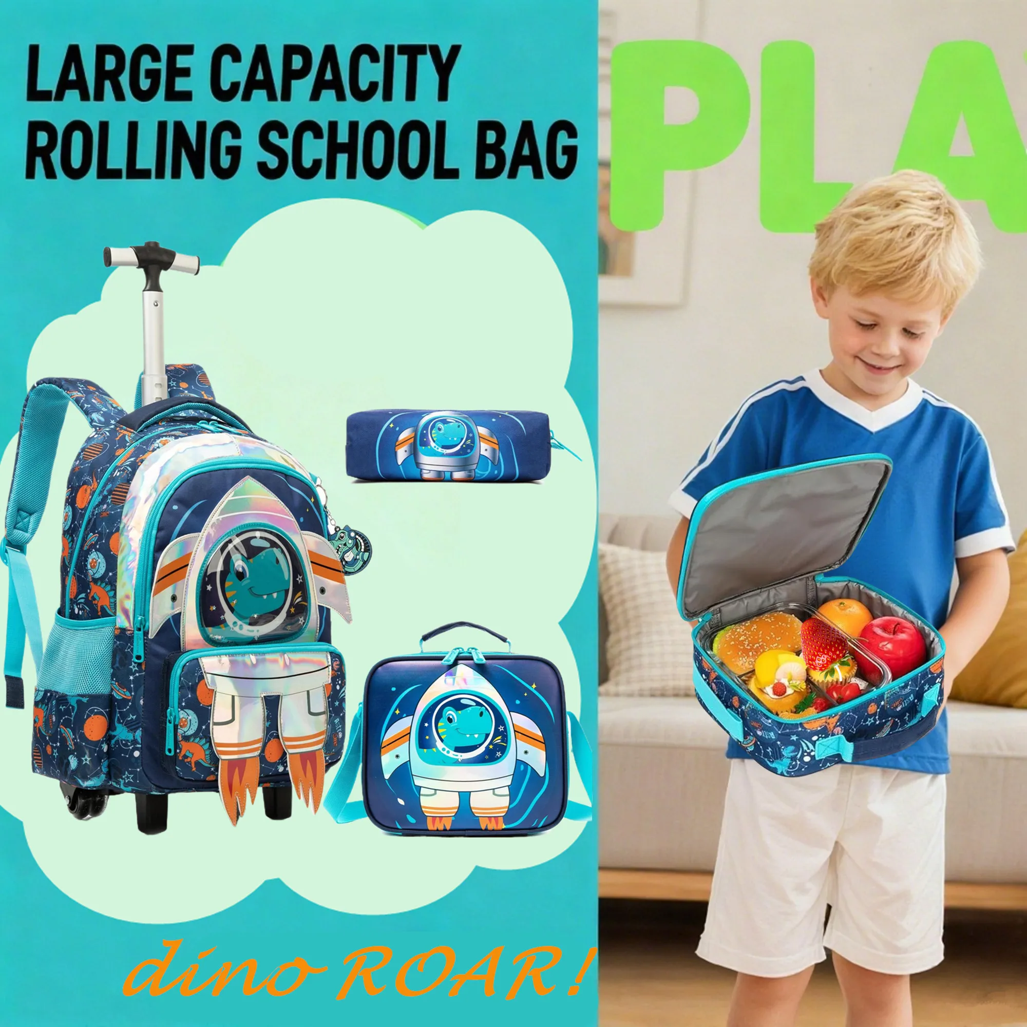 Rolling Backpack for Boys 3 in 1 School Backpacks with Lunch Bag Kids Suitcase for Elementary Students Carry on Luggage with Wheels Back to School Supplies