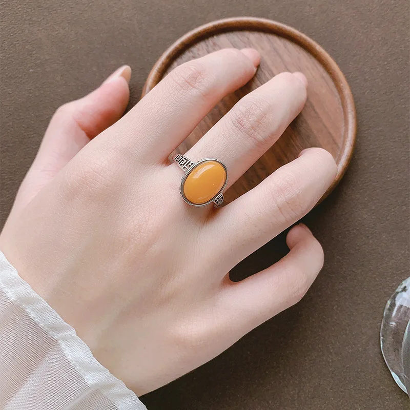 S925 Sterling Silver Ring Inlaid Natural Amber Red Agate, New Style With A Hui Character Pattern And