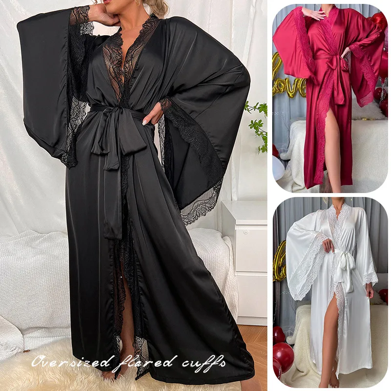 Bride Bathrobe V-Neck Nightgown Women Long Kimono Dressing Gown Homewear Autumn New Lace Trim Robe Sleepwear Long Loungewear
