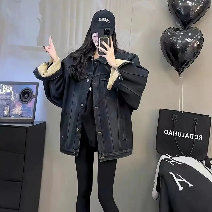 

Denim Coat Ggirls Fur Plush Womens Fall Boxy-Fit Minimalist Street Trend Quick-Drying Buttoned Outcoats Adjustable Quilted Daily