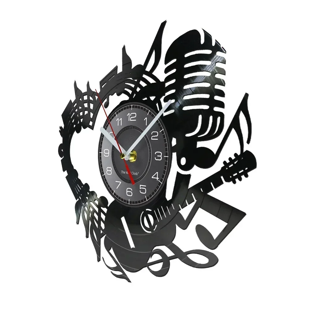 Music Melody Vinyl Record Wall Clock Heart Melody Microphone Guitar Art Home Decoration Wall Watch Rock Music Guitarist Gift