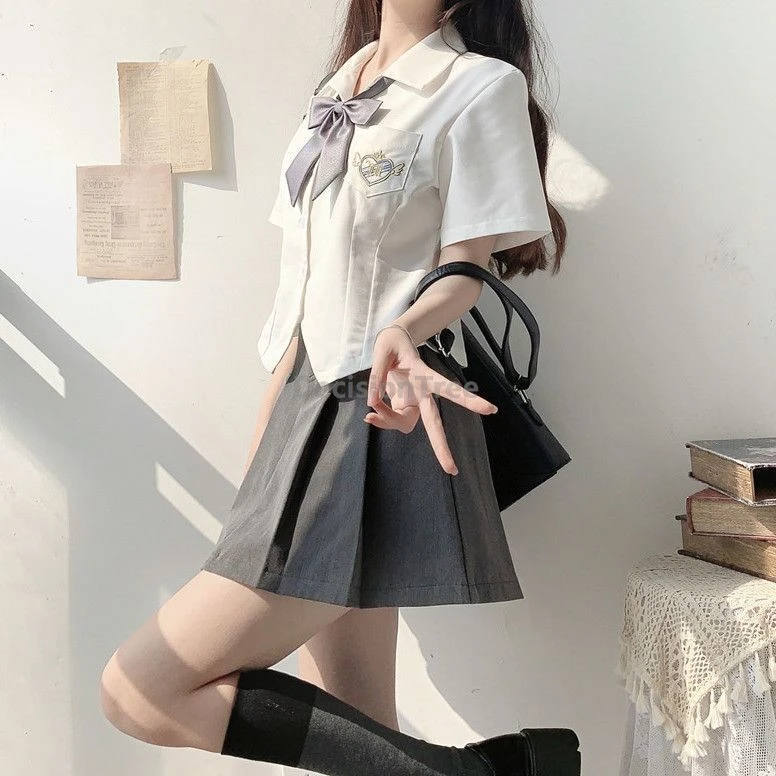 夏の新スタイルツーピースセットハイウエスト-a-ラインスカート学生-jk-制服シャツ日本のカレッジスタイルファッショナブルな女性制服