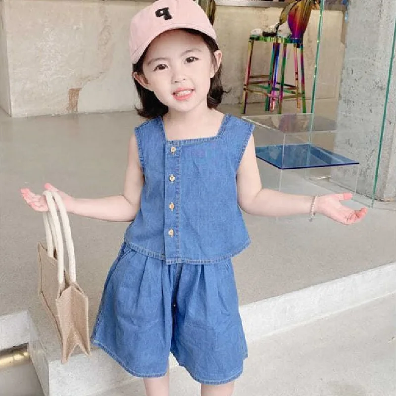 Girls' Suit Denim Single-Breasted Vest Top plus Pants25Summer New Foreign Trade Children's Wear Delivery3-8Years Old