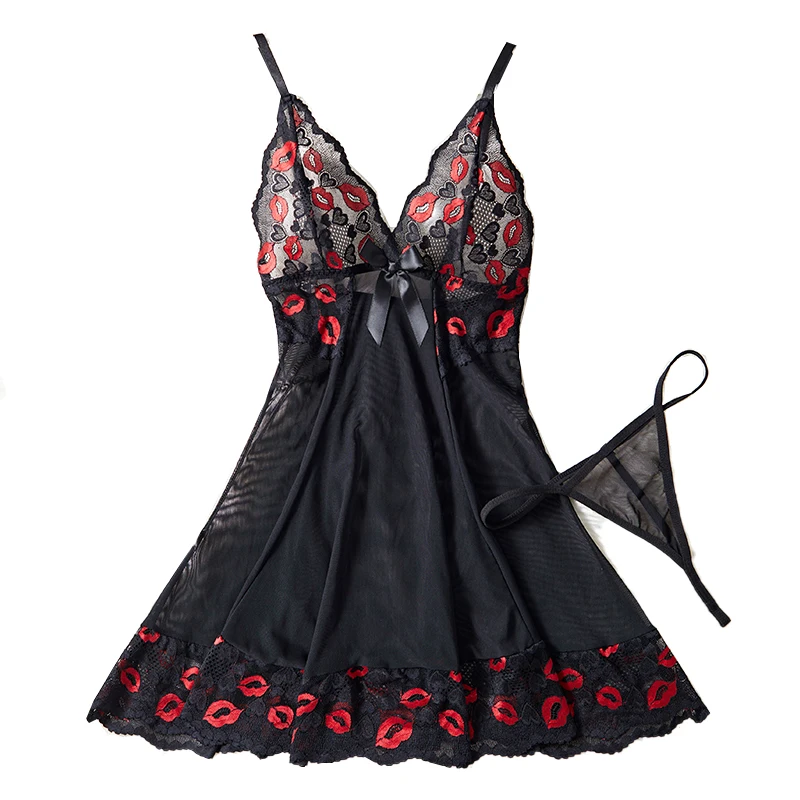 New Transparent Bow Red Lips Print Lace Women's Strap Dress Pajamas Set