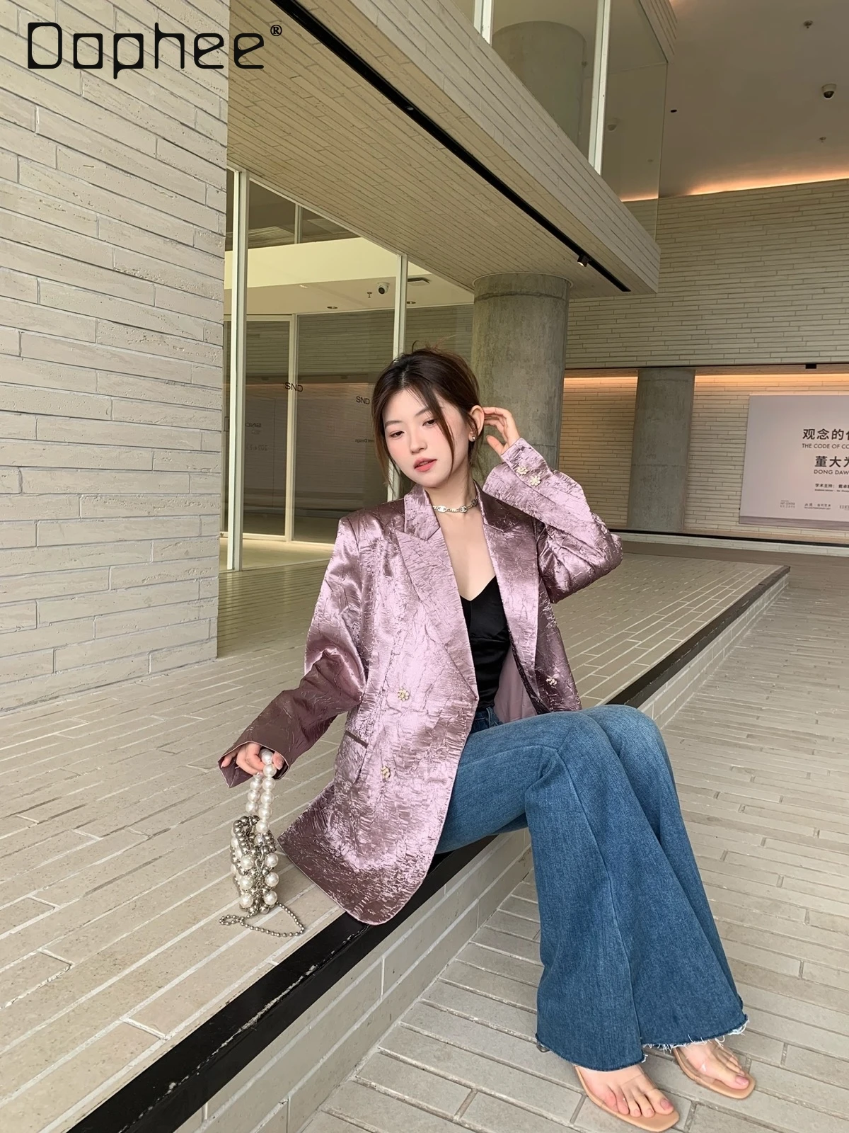 Versatile Gray Pleated Retro Heavy Industry Jacquard Blazer Women Autumn New High-end Loose Casual Suit Office Lady Fashion Top
