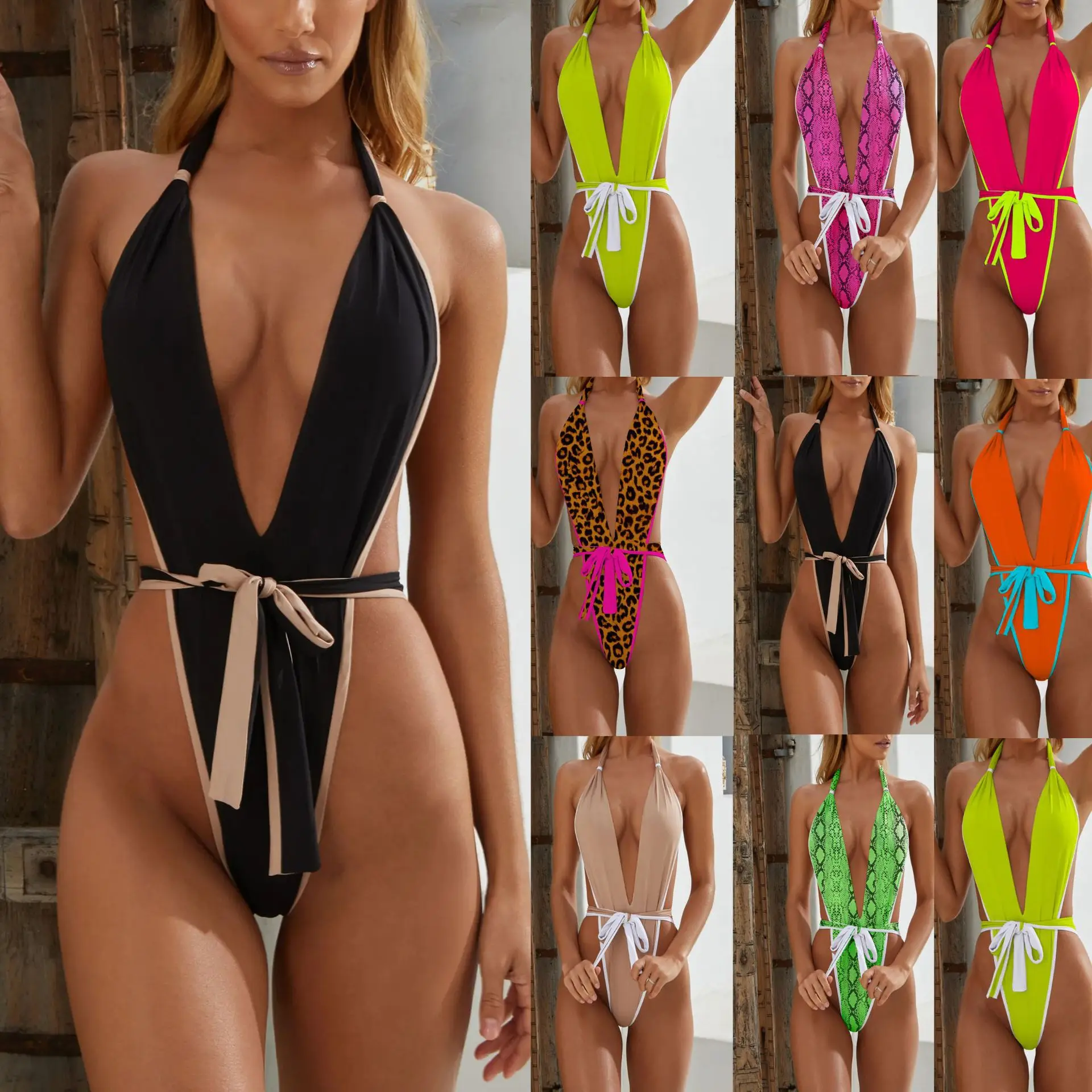 Women's Sexy Halter Bikini Hollow Out Leopard Print Thong Swimwear Front Tie Plunging Bathing Suits Backless One Piece Swimsuit