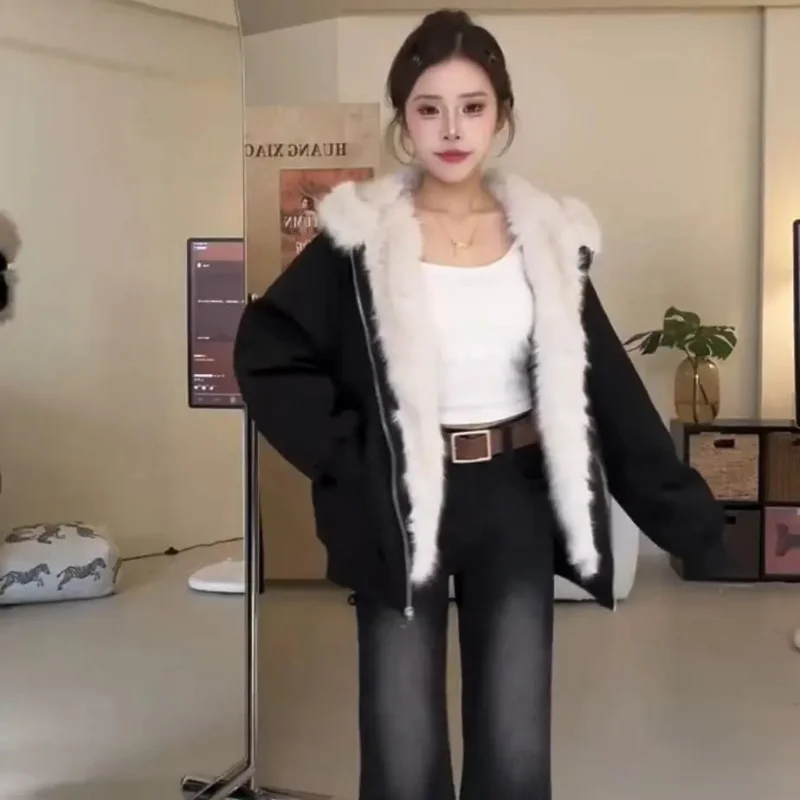 Płaszcz z grubym futrem damski American Gyaru Acubi Ropa Mujer Streetwear Punk Gothic Vintage Chaquetas Fleece Coat