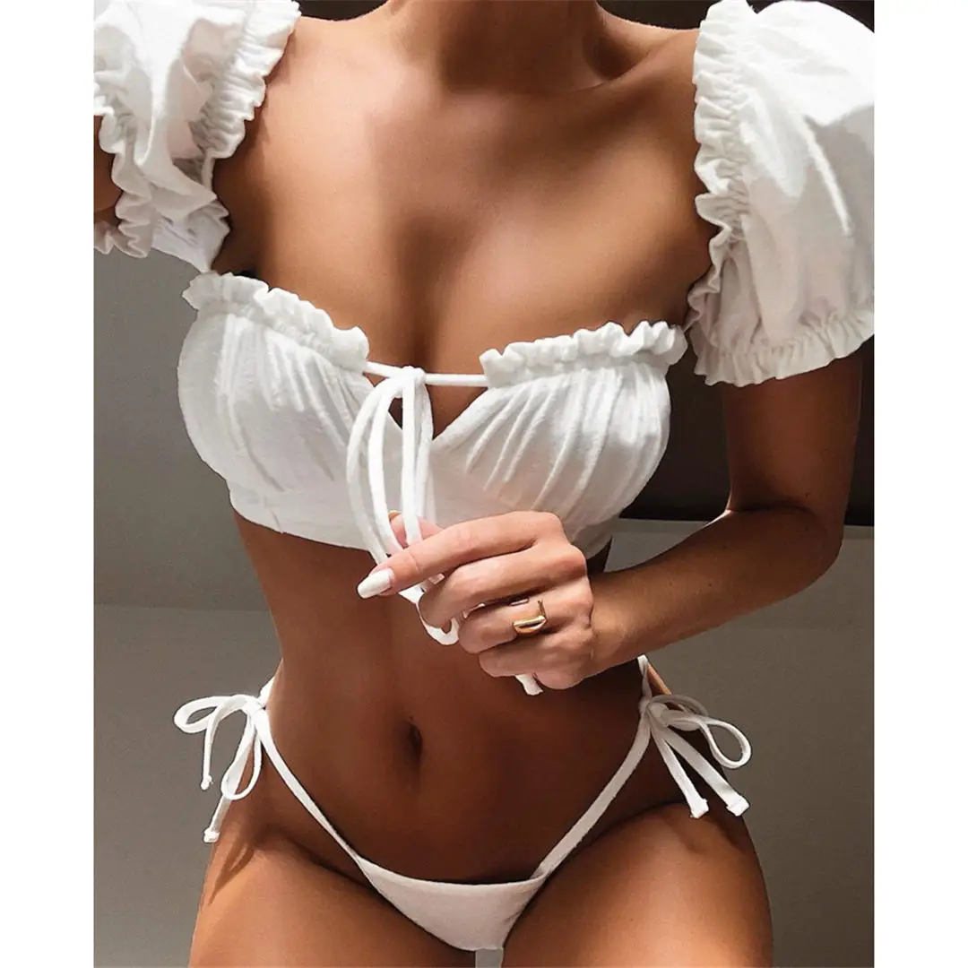 Kurzärmeliger, brasilianischer, plissierter, geraffter Bikini-Badeanzug für Damen, zweiteiliger Bikini-Set, Badebekleidung, Badeanzug, Schwimmanzug V1729 – Detail 22