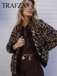 TRAFZA 2024 Female Vintage Lambswool Jacket Long Sleeves O Neck Leopard Print With Pockets Single Breasted Patchwork Causal Coat