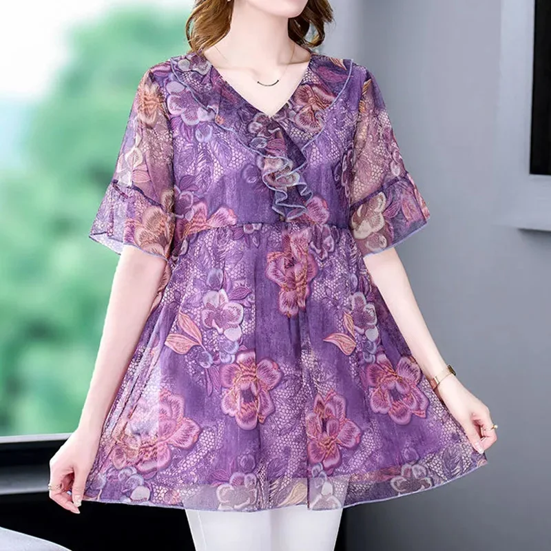 Vintage Casual Floral Printing Ruffles Gauze Shirt Summer 2023 V-Neck Short Sleeve Loose Pullover Oversized Tops Ladies Clothing