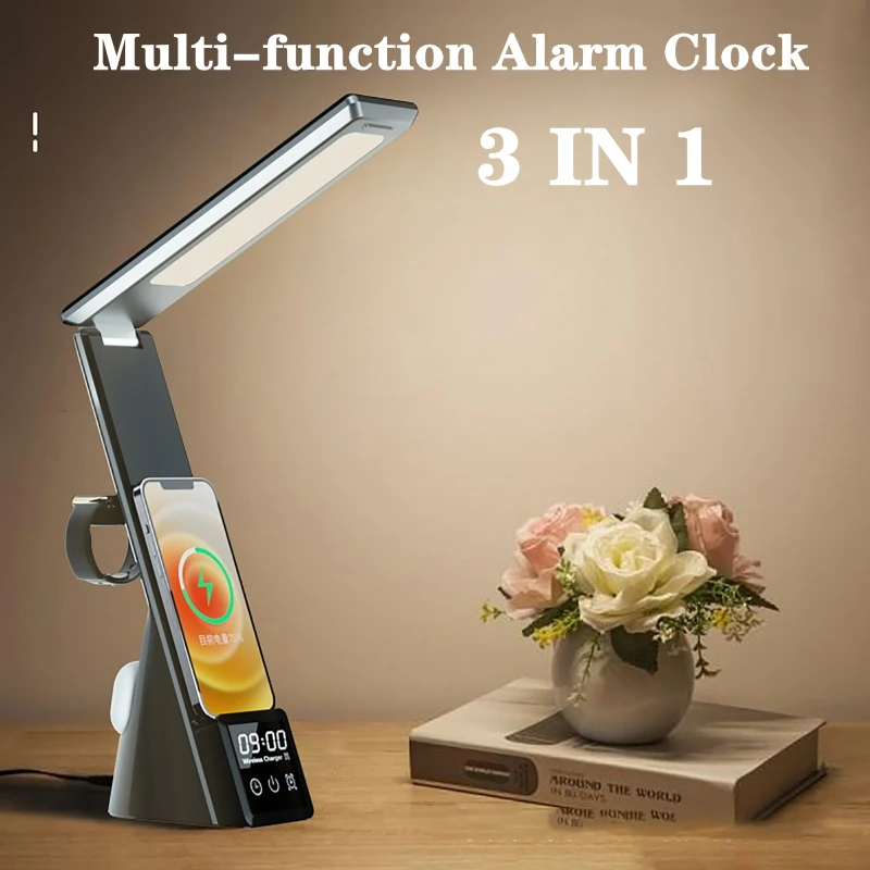 

Multi-function Alarm Clock 3 IN 1 Eye Protection Desk Lamp Foldable Wireless Charger for your phone for airpods and for Watch