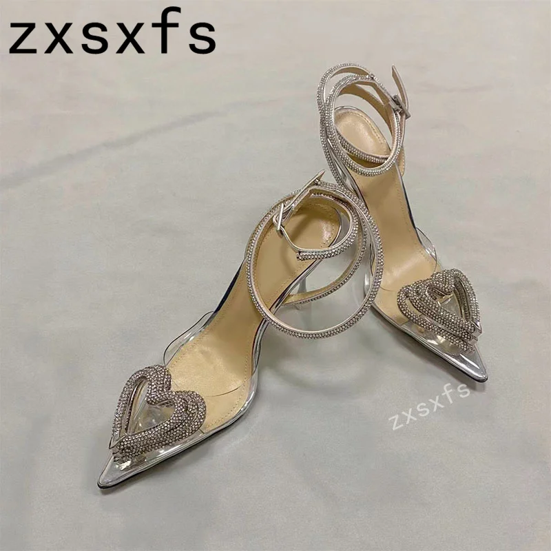 

2023 Summer New Satin Crystal Thin High Heels Sandals Women Pointed Toe Buckle Strap Pumps Brand Sexy Party Dress Shoes Mujer