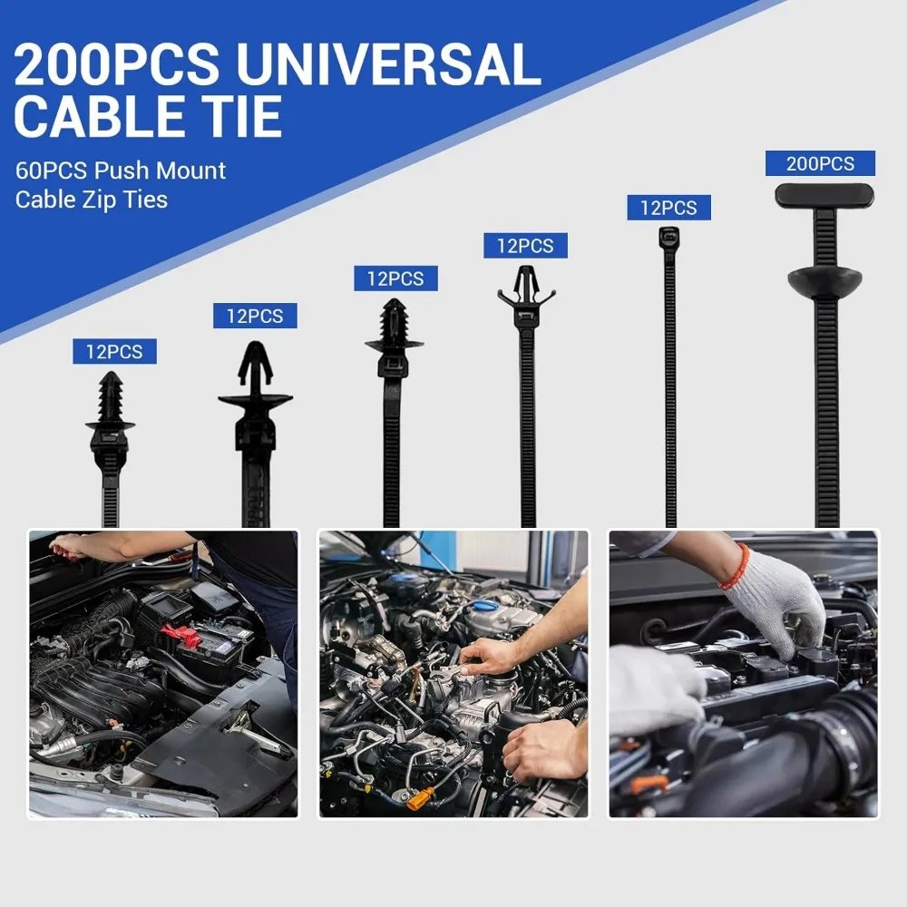 ชุดสายรัดเคเบิลไนลอนอเนกประสงค์ 261 ชิ้น - สายรัดไนลอนอเนกประสงค์พร้อมดีไซน์แบบกระดุม, สายรัดเคเบิลพร้อมที่ตัดสายแบบเรียบ