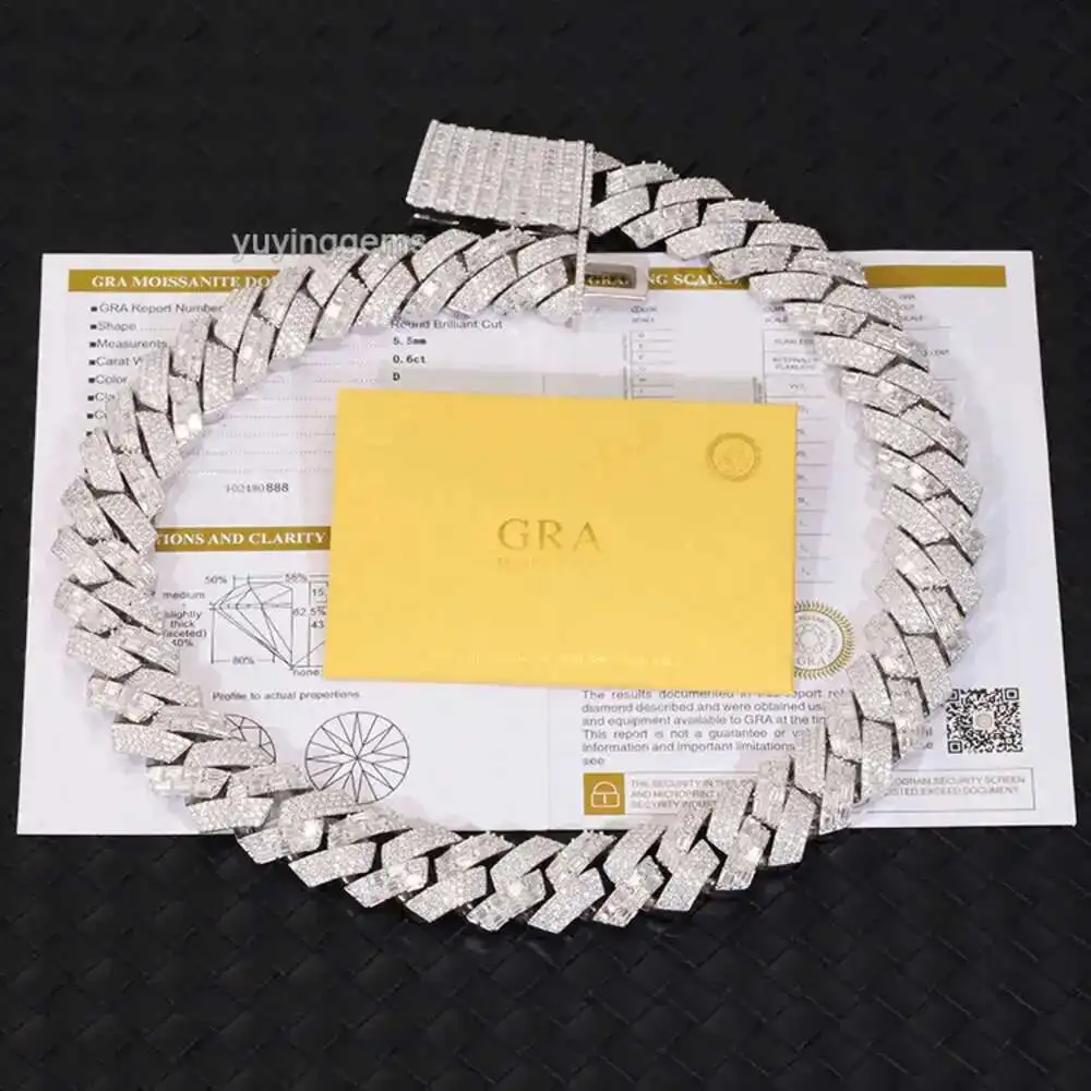 

Classic 22mm Wide Baguette Diamond Bracelet S925 Silver Moissanite Jewelry Luxury Cuban Chain Hip Hop Necklace
