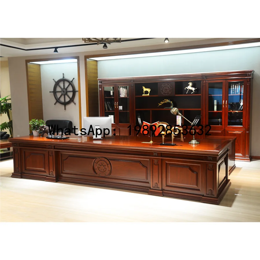 XL Chinese Style Office Desk Elegant Executive Desk President Desk Solid Wood Leather Lacquer Office