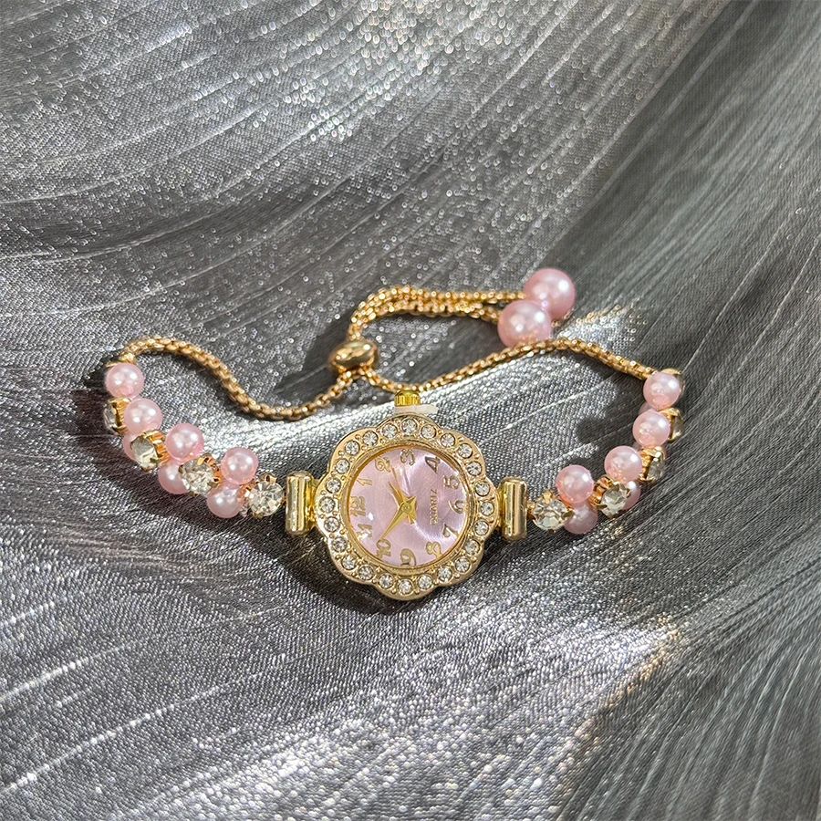 Double-Row Pearl Pull-Open Bracelet Diamond-Encrusted Case Arabic Numeral Scale Ladies Quartz Watch