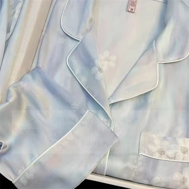 

Женский роскошный пижамный костюм с цветочным принтом, ночная рубашка из ледяного шелка, Mujer, 2 шт., домашняя одежда, повседневные пижамы, женские брюки с лацканами