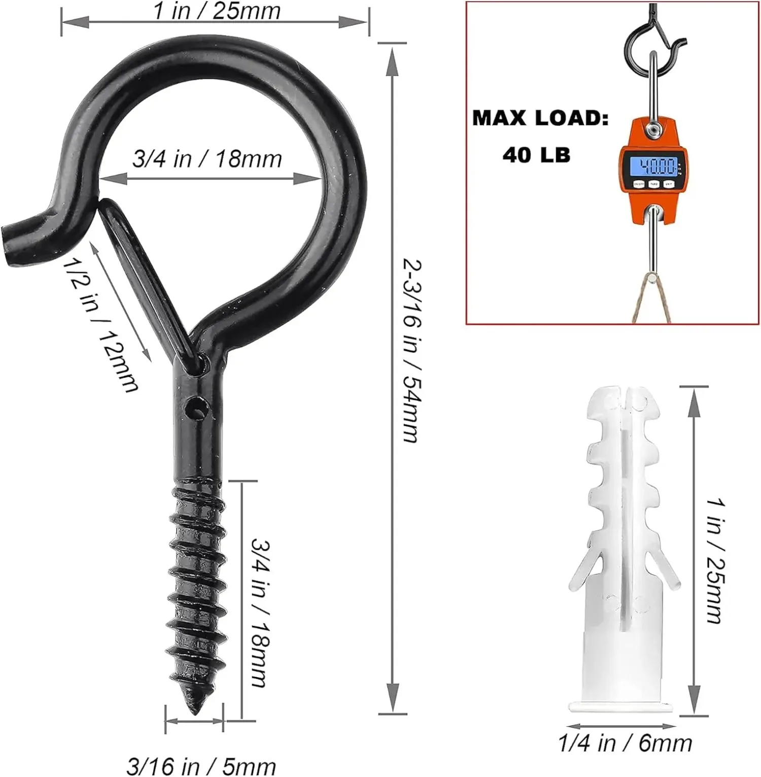 10/20 Pack Screw Hooks for Hanging Plants / String Lights, Heavy Duty 2.2 Inch Black Eye Hook Screw Cup Ceiling Hook Q-Hanger view 3