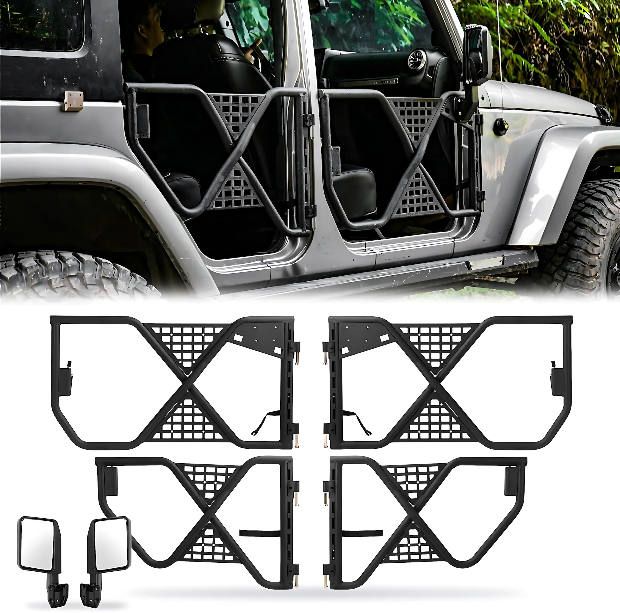 Rugged Tube Doors for Jeep Wrangler JK/JKU 4-Door Models: Safari-Ready Half Doors with Rearview Mirror for Off-Road Adventures