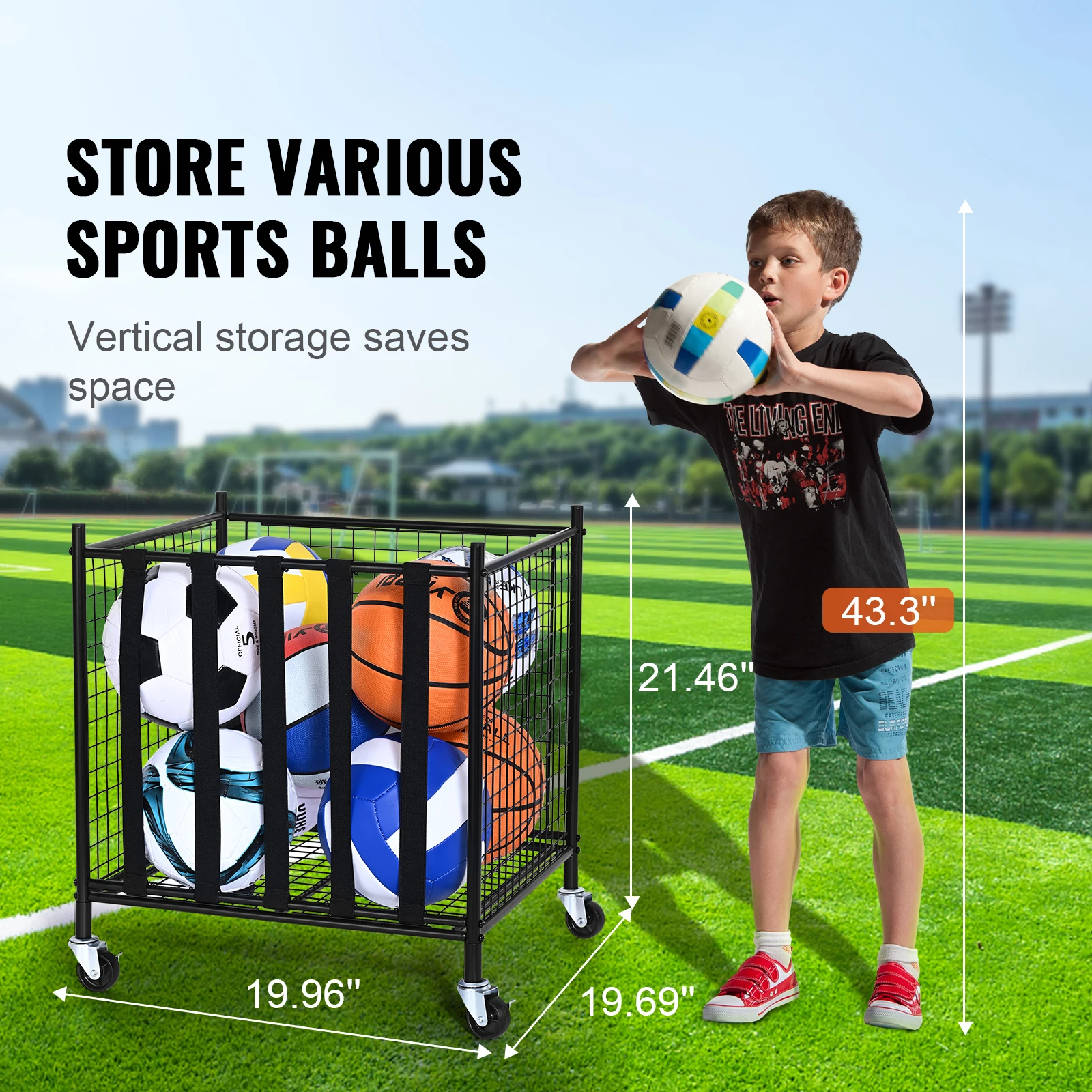 Rolling Sports Ball Storage Cart, Lockable Basketball Cage With Elastic Straps, Sport Equipment Holder Organizer For Indoor