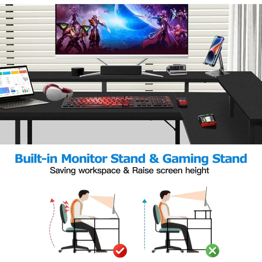 53.5 LShaped Computer Desk for Gaming and Home Office with Builtin LED Lights Power Outlets Reversible Design Monitor Stand Sto
