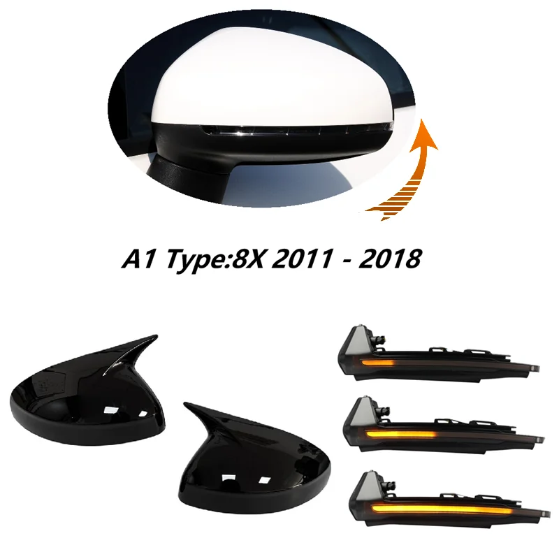 for Audi A1 8X 2011 - 2018 Upgrade Set Gloss Black Horn Stylish Wing Mirror Stick-on Cap Dynamic Blinker
