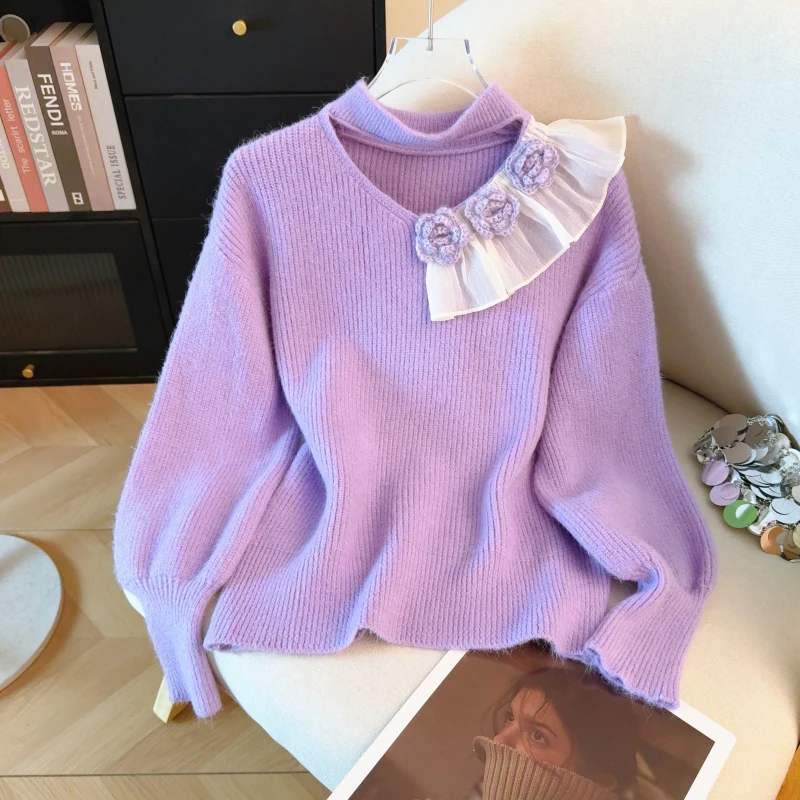 

Женский фиолетовый пуловер, свитер, винтажный джемпер в корейском стиле 2000-х годов, вязаный кашемировый свитер с длинными рукавами и 3D цветами, весна-осень 2025 г.