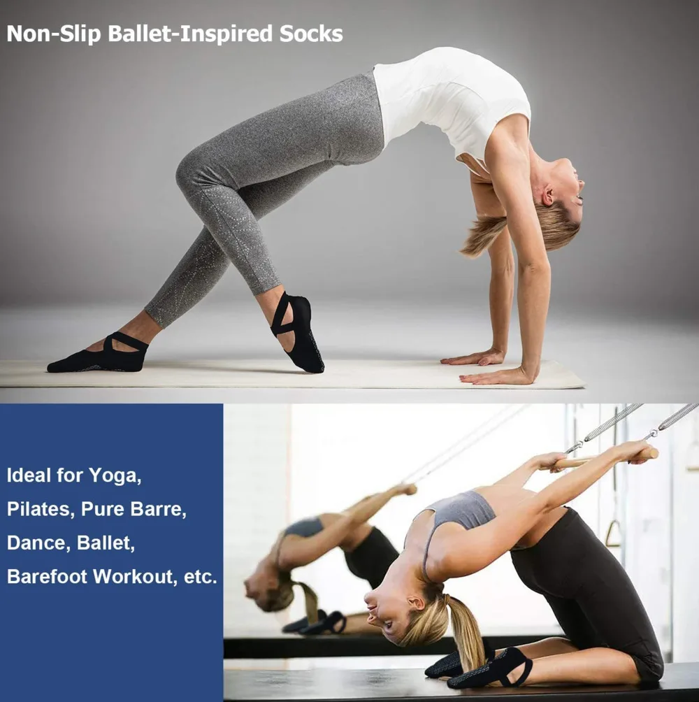 1 Pair Socks for Women Non-Slip Grips & Straps, Bandage Cotton Sock, Ideal for Pilates Pure Barre Ballet Dance Barefoot Workout