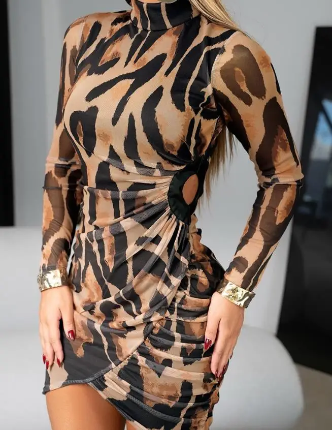 

Leopard Print Long Sleeve Waist Hollow Out Bodycon Dress Casual Slim Fit Mini Dress