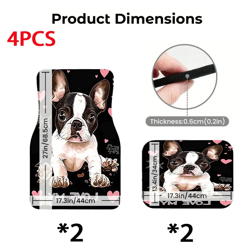 5pcs French Bulldog & Pink Hearts Car Floor Mats | Polyester Material, Universal Fit, Cute Pet-Themed Interior Decoration, Durab