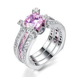 Luxury Pink High Carbon Diamond Ring Set 925 Sterling Silver Wedding Band Rings for Women Men Promise Party Jewelry Gift