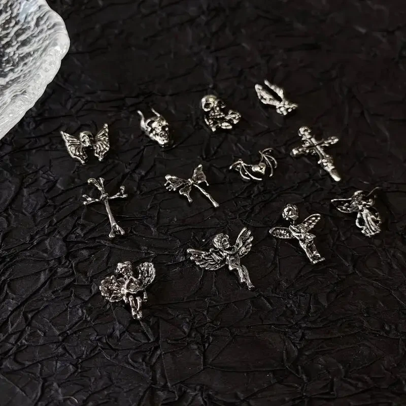 10pcs Gothic Punk Style Nail Art Charms Antique Silver Alloy Jesus Catholic Cross Accessories Devil Angel Nail Decorations