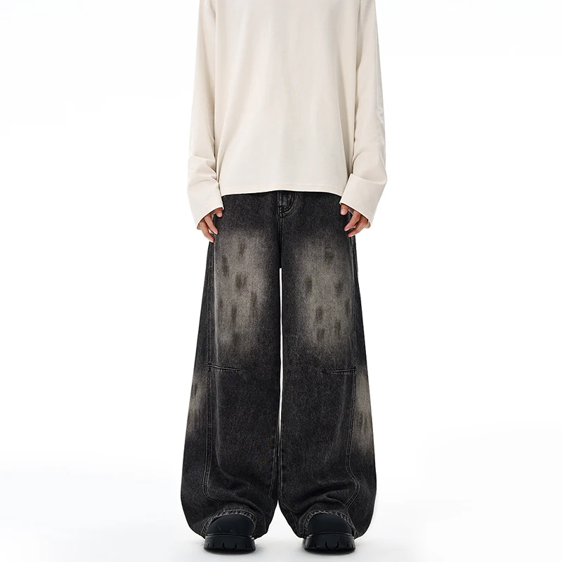 

Fashion Men's Jeans Washing Splash-ink Silhouette Contrast Color All-match Autumn American Wide Leg Male Denim Pants