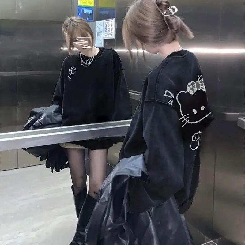 

Черные женские футболки Hello Kitty с американским ретро-принтом, свободные, с круглым вырезом, хлопковые, в стиле INS, уличная одежда, топы Y2K, женская одежда
