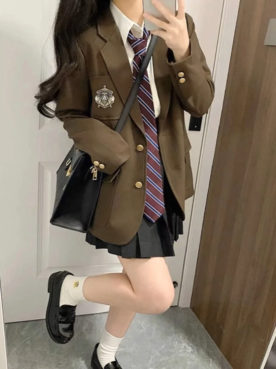 Autumn Winter Tea Colored Women's School Uniform Set with Pleated Skirt And Suit Jacket High Quality Japanese Style Fashion