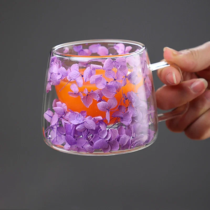 200ml Double Wall Dry Flowers Glass Transparent Coffee Mug with Handle Double-layer Heat Insulation Artificial Flower Milk Cup