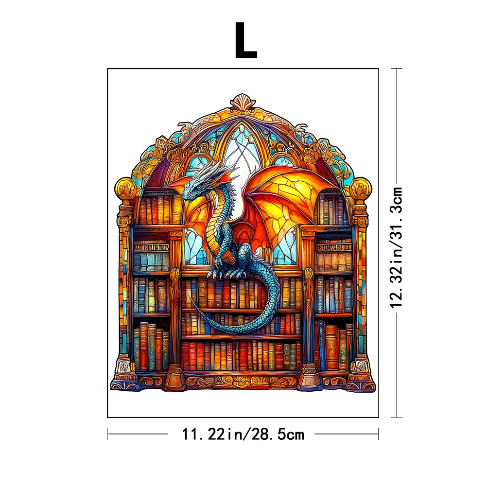 Quebra-cabeça de madeira de dragão mágico e biblioteca com peças de formato exclusivo